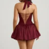 Ludmila Halterneck Lace-Up Bubble Hem Corset Micro Mini Dress in Berry Red