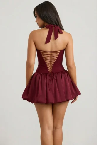 Ludmila Halterneck Lace-Up Bubble Hem Corset Micro Mini Dress in Berry Red