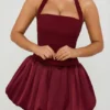 Ludmila Halterneck Lace-Up Bubble Hem Corset Micro Mini Dress in Berry Red