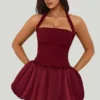 Ludmila Halterneck Lace-Up Bubble Hem Corset Micro Mini Dress in Berry Red