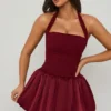 Ludmila Halterneck Lace-Up Bubble Hem Corset Micro Mini Dress in Berry Red