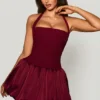 Ludmila Halterneck Lace-Up Bubble Hem Corset Micro Mini Dress in Berry Red