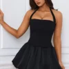 Ludmila Halterneck Lace-Up Bubble Hem Corset Micro Mini Dress in Black