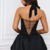 Ludmila Halterneck Lace-Up Bubble Hem Corset Micro Mini Dress in Black