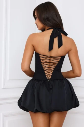 Ludmila Halterneck Lace-Up Bubble Hem Corset Micro Mini Dress in Black