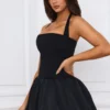 Ludmila Halterneck Lace-Up Bubble Hem Corset Micro Mini Dress in Black