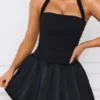 Ludmila Halterneck Lace-Up Bubble Hem Corset Micro Mini Dress in Black