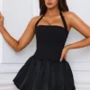 Ludmila Halterneck Lace-Up Bubble Hem Corset Micro Mini Dress in Black