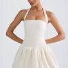 Ludmila Halterneck Lace-Up Bubble Hem Corset Micro Mini Dress in Ivory