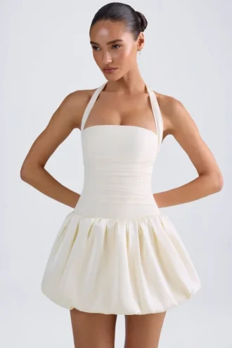 Ludmila Halterneck Lace-Up Bubble Hem Corset Micro Mini Dress in Ivory