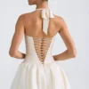 Ludmila Halterneck Lace-Up Bubble Hem Corset Micro Mini Dress in Ivory