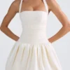 Ludmila Halterneck Lace-Up Bubble Hem Corset Micro Mini Dress in Ivory