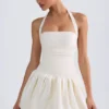 Ludmila Halterneck Lace-Up Bubble Hem Corset Micro Mini Dress in Ivory