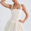 Ludmila Halterneck Lace-Up Bubble Hem Corset Micro Mini Dress in Ivory