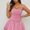 Ludmila Halterneck Lace-Up Bubble Hem Corset Micro Mini Dress in Mauve