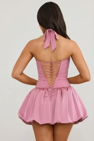 Ludmila Halterneck Lace-Up Bubble Hem Corset Micro Mini Dress in Mauve