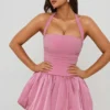 Ludmila Halterneck Lace-Up Bubble Hem Corset Micro Mini Dress in Mauve