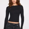 Luisa Ribbed Modal Ruched Long-Sleeve Top in Black
