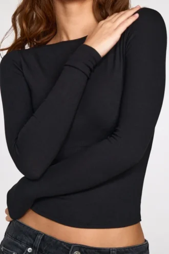 Luisa Ribbed Modal Ruched Long-Sleeve Top in Black
