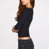 Luisa Ribbed Modal Ruched Long-Sleeve Top in Black