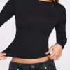 Luisa Ribbed Modal Ruched Long-Sleeve Top in Black
