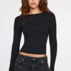 Luisa Ribbed Modal Ruched Long-Sleeve Top in Black