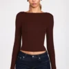 Luisa Ribbed Modal Ruched Long-Sleeve Top in Chocolate Brown
