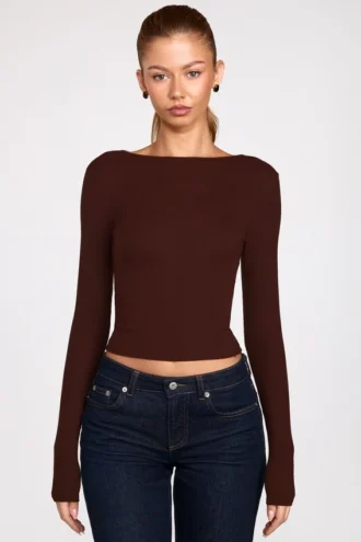 Luisa Ribbed Modal Ruched Long-Sleeve Top in Chocolate Brown
