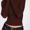 Luisa Ribbed Modal Ruched Long-Sleeve Top in Chocolate Brown