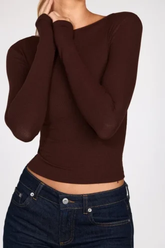 Luisa Ribbed Modal Ruched Long-Sleeve Top in Chocolate Brown
