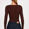 Luisa Ribbed Modal Ruched Long-Sleeve Top in Chocolate Brown