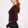 Luisa Ribbed Modal Ruched Long-Sleeve Top in Chocolate Brown