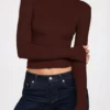 Luisa Ribbed Modal Ruched Long-Sleeve Top in Chocolate Brown