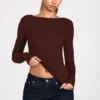 Luisa Ribbed Modal Ruched Long-Sleeve Top in Chocolate Brown