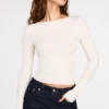 Luisa Ribbed Modal Ruched Long-Sleeve Top in Ivory