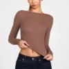 Luisa Ribbed Modal Ruched Long-Sleeve Top in Mocha