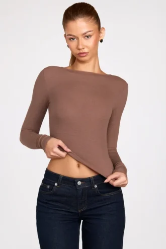 Luisa Ribbed Modal Ruched Long-Sleeve Top in Mocha