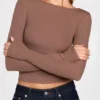 Luisa Ribbed Modal Ruched Long-Sleeve Top in Mocha