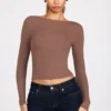 Luisa Ribbed Modal Ruched Long-Sleeve Top in Mocha