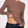 Luisa Ribbed Modal Ruched Long-Sleeve Top in Mocha