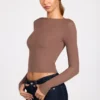 Luisa Ribbed Modal Ruched Long-Sleeve Top in Mocha