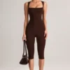 Luma Modal Square-Neck Bodycon Capri Jumpsuit in Chocolate Brown