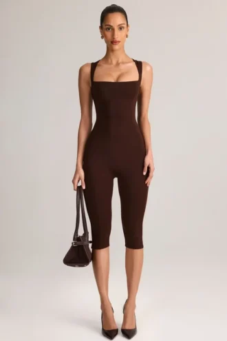 Luma Modal Square-Neck Bodycon Capri Jumpsuit in Chocolate Brown