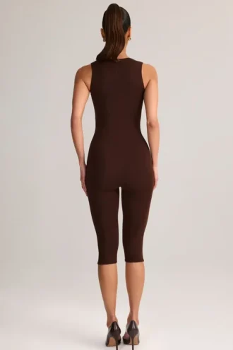 Luma Modal Square-Neck Bodycon Capri Jumpsuit in Chocolate Brown