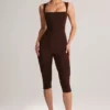 Luma Modal Square-Neck Bodycon Capri Jumpsuit in Chocolate Brown