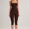 Luma Modal Square-Neck Bodycon Capri Jumpsuit in Chocolate Brown