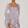 Lumiki Embellished Appliqué Asymmetric Mini Dress in Lilac