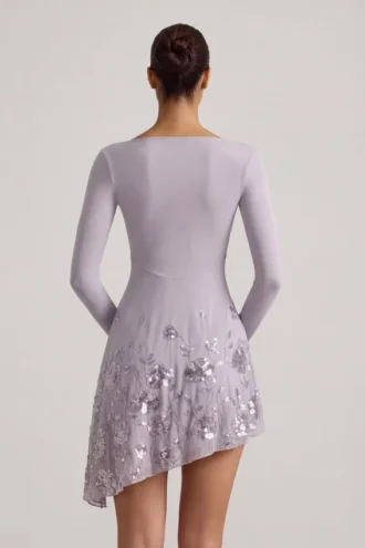 Lumiki Embellished Appliqué Asymmetric Mini Dress in Lilac