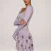 Lumiki Embellished Appliqué Asymmetric Mini Dress in Lilac