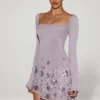Lumiki Embellished Appliqué Asymmetric Mini Dress in Lilac
